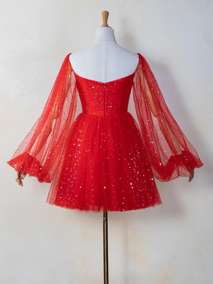 Weitese Dress Sweetheart Neck Starlit Homecoming Dress Tulle Puffy Sleeves Zipper Up Party Dress